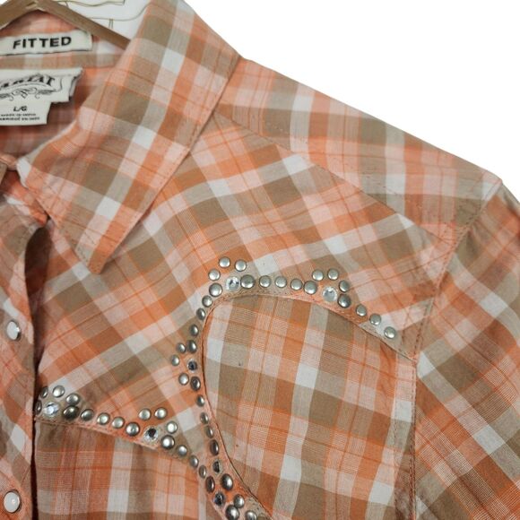 ARIAT Top Womens Large Orange Plaid Pearl Snap Western Shirt Beaded Bling Fitted - Picture 4 of 8
